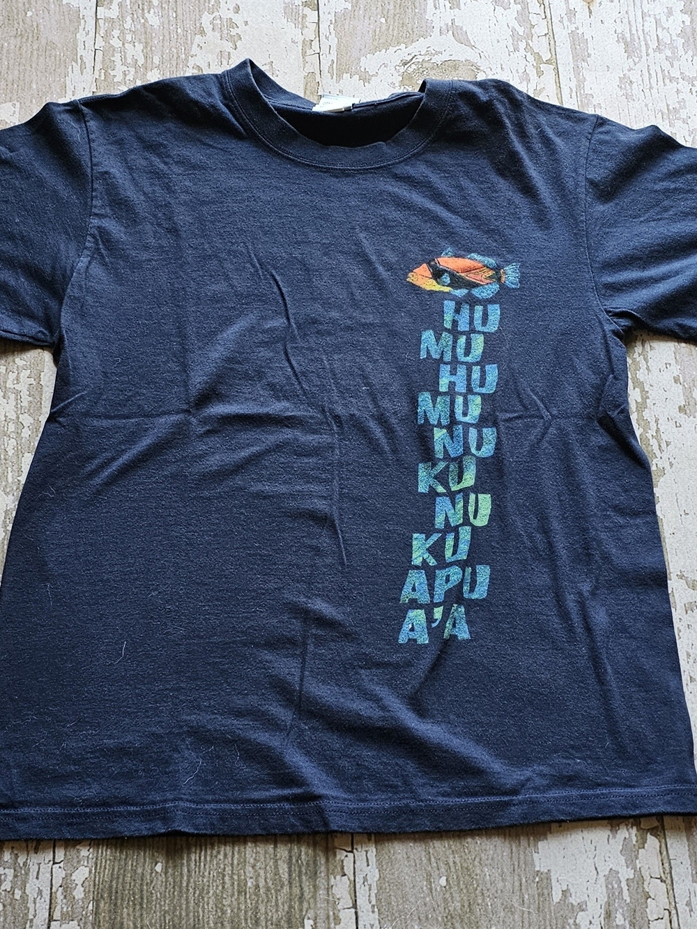 Navy Short-Sleeve Graphic Tee with Aqua Vertical Text Size Small